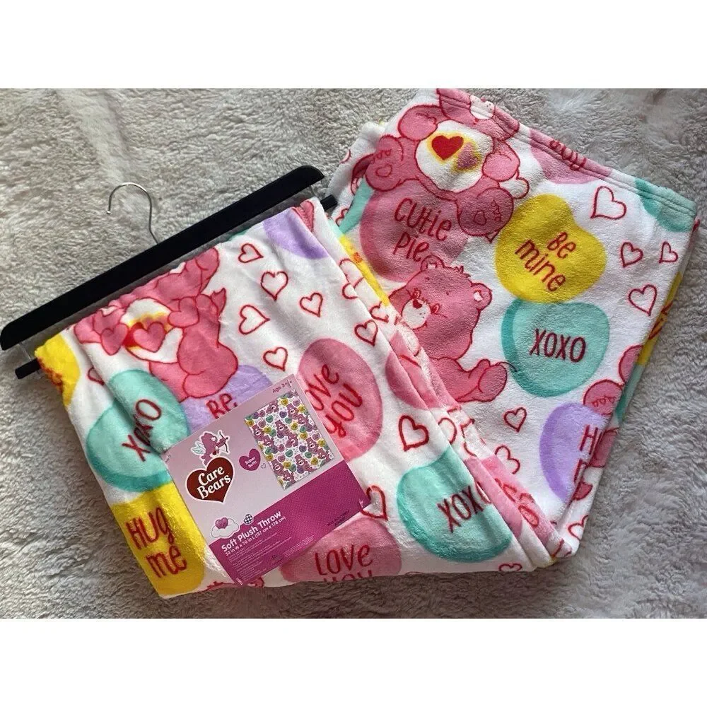 Care Bears Love A Lot Bear Throw Blanket 50 X 70” Conversation Hearts Valentines